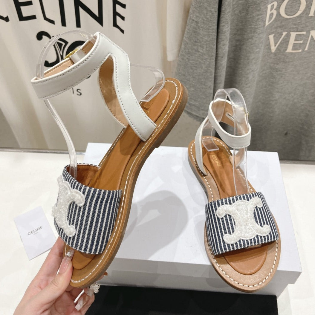 LYMPIA SANDAL IN TRIOMPHE MACCRAMÉ COTTON & CALFSKIN OFF WHITE / NAVY - 35
