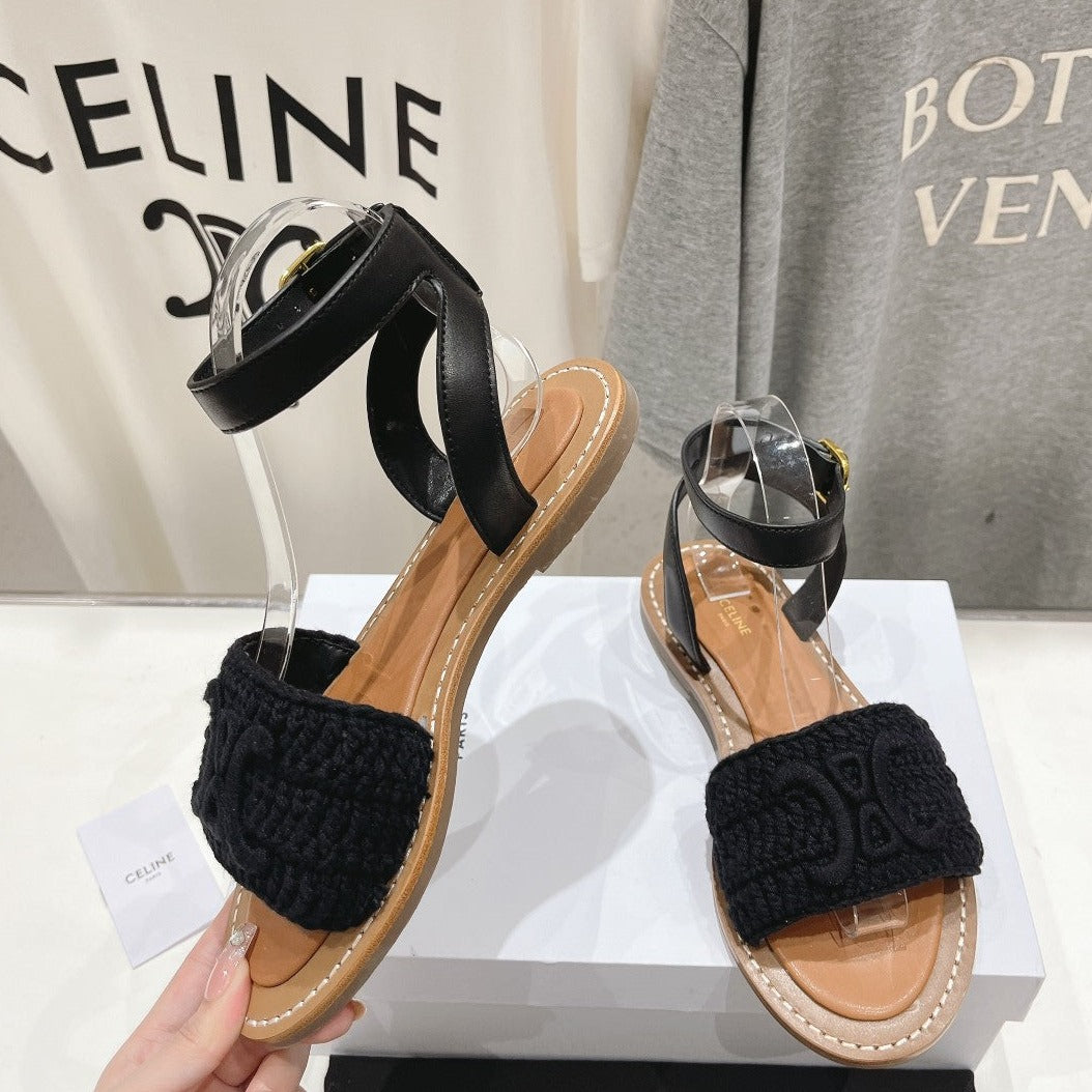 LYMPIA SANDAL IN TRIOMPHE MACCRAMÉ COTTON & CALFSKIN BLACK - 35