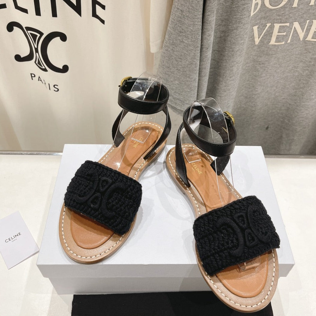 LYMPIA SANDAL IN TRIOMPHE MACCRAMÉ COTTON & CALFSKIN BLACK - 35