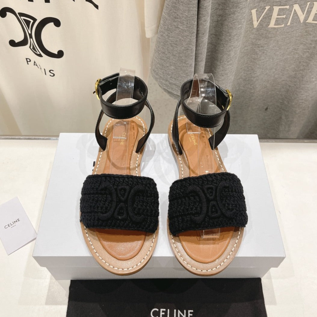 LYMPIA SANDAL IN TRIOMPHE MACCRAMÉ COTTON & CALFSKIN BLACK - 35