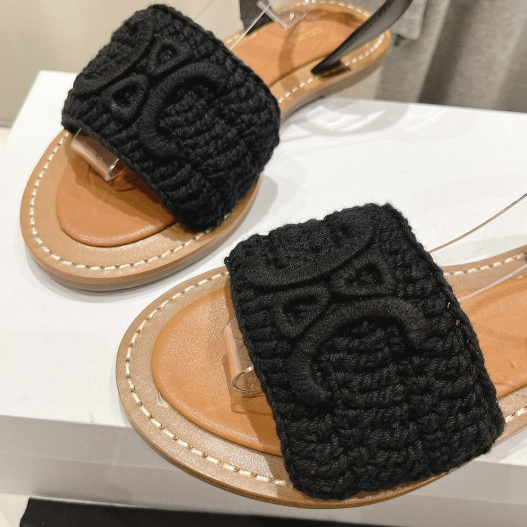 LYMPIA SANDAL IN TRIOMPHE MACCRAMÉ COTTON & CALFSKIN BLACK - 35
