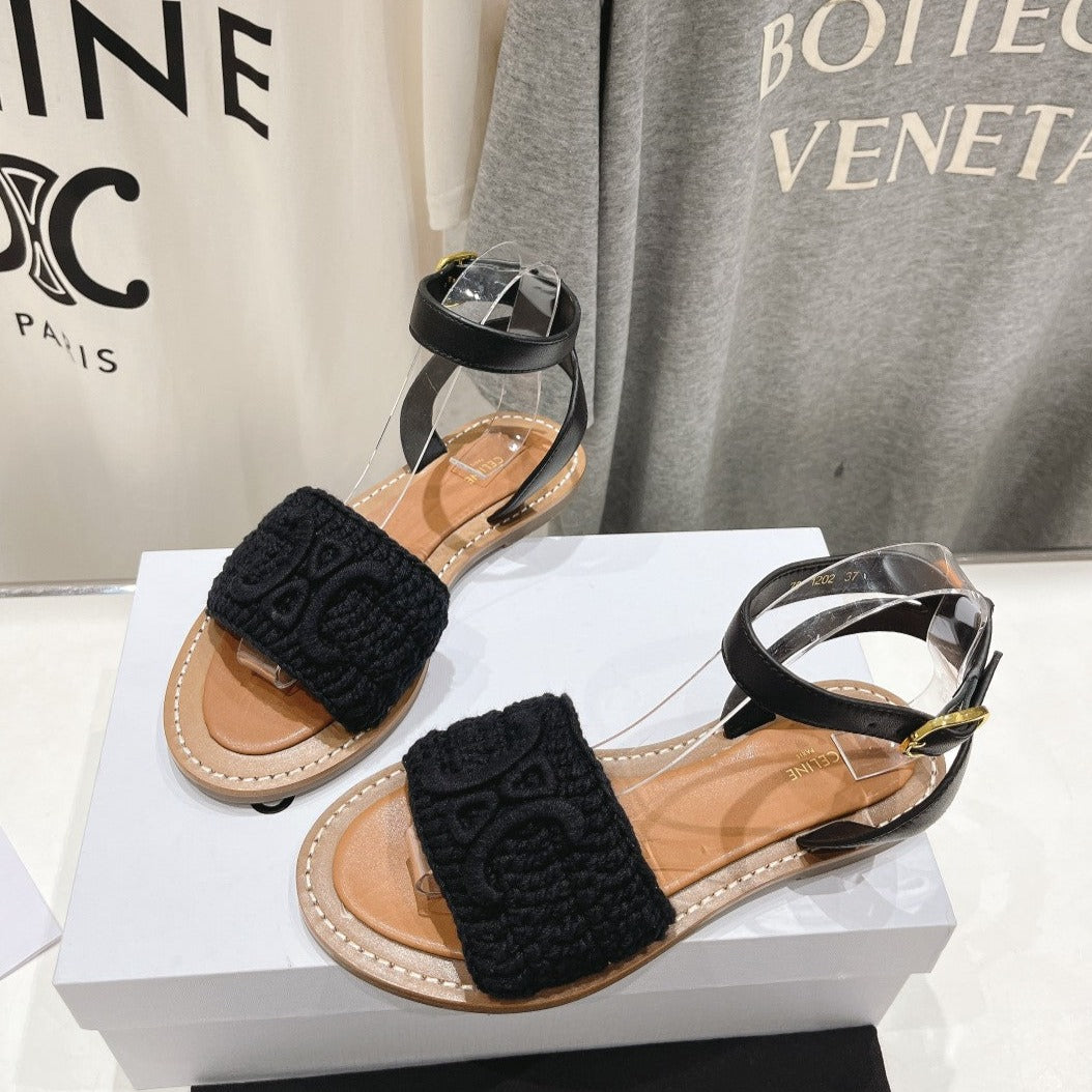 LYMPIA SANDAL IN TRIOMPHE MACCRAMÉ COTTON & CALFSKIN BLACK - 35