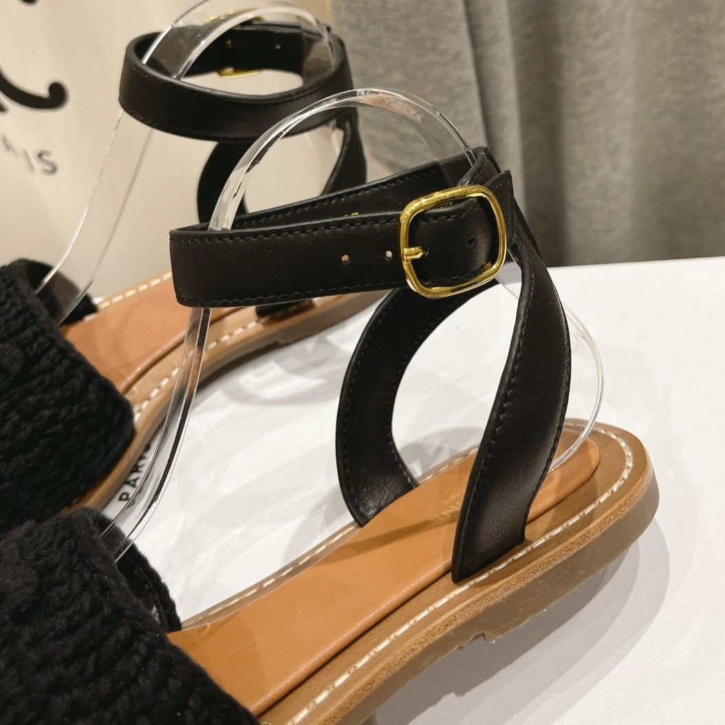 LYMPIA SANDAL IN TRIOMPHE MACCRAMÉ COTTON & CALFSKIN BLACK - 35