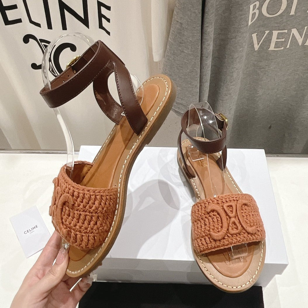 LYMPIA SANDAL IN TRIOMPHE MACCRAMÉ COTTON & CALFSKIN BROWN/DARK BROWN - 35