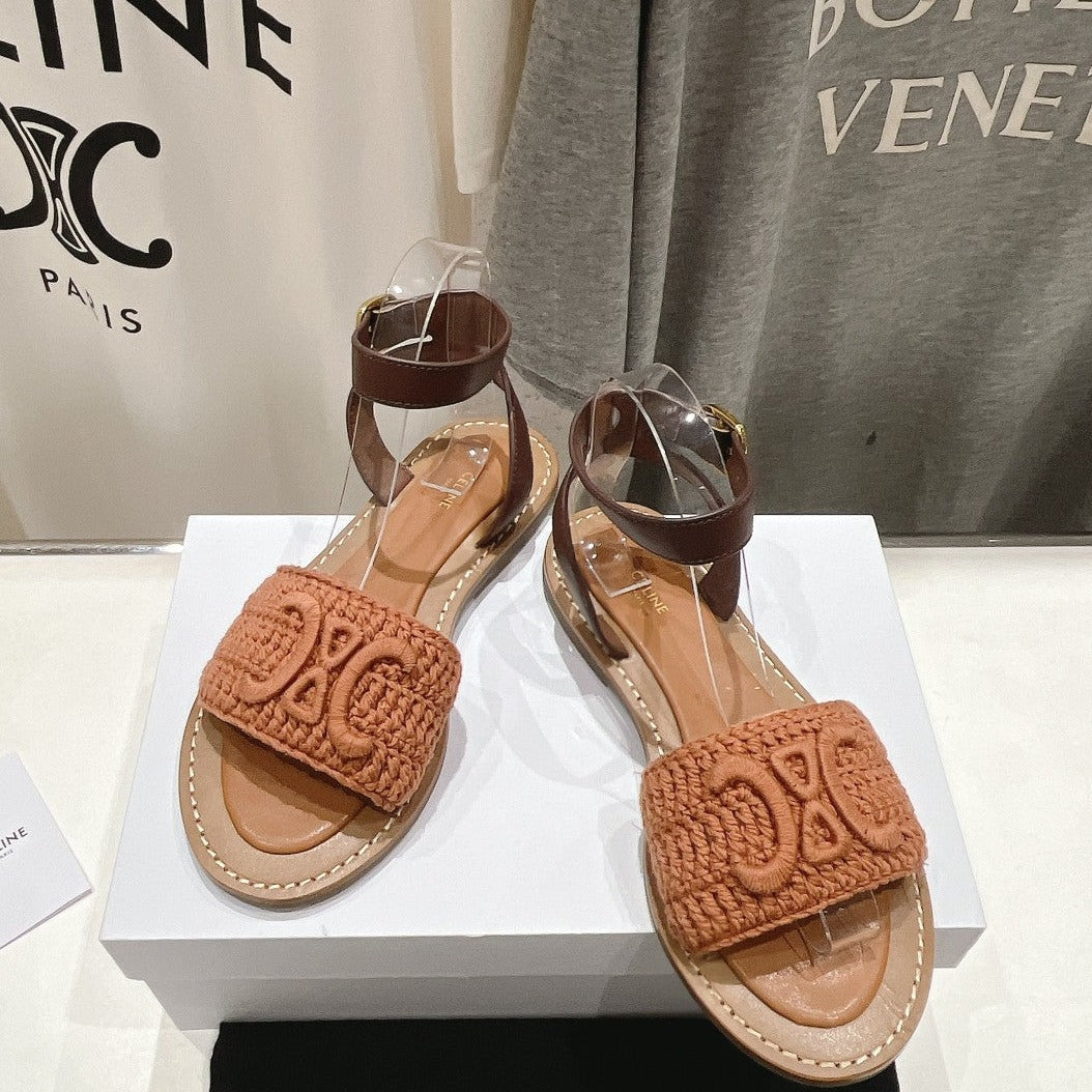 LYMPIA SANDAL IN TRIOMPHE MACCRAMÉ COTTON & CALFSKIN BROWN/DARK BROWN - 35
