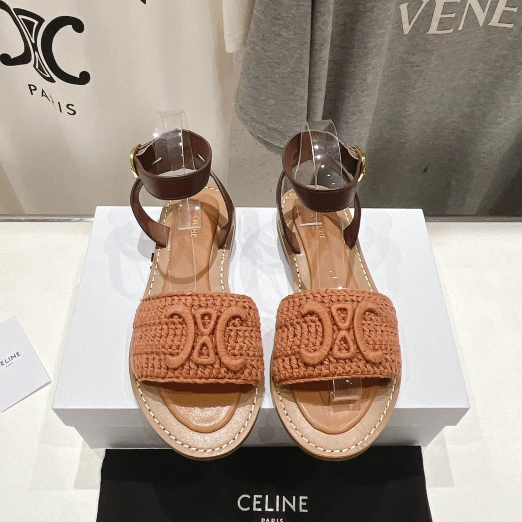 LYMPIA SANDAL IN TRIOMPHE MACCRAMÉ COTTON & CALFSKIN BROWN/DARK BROWN - 35
