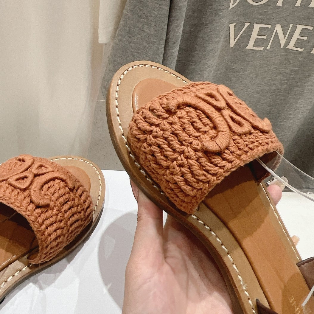 LYMPIA SANDAL IN TRIOMPHE MACCRAMÉ COTTON & CALFSKIN BROWN/DARK BROWN - 35