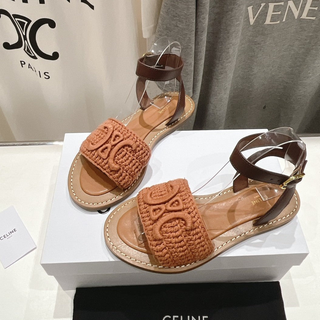 LYMPIA SANDAL IN TRIOMPHE MACCRAMÉ COTTON & CALFSKIN BROWN/DARK BROWN - 35