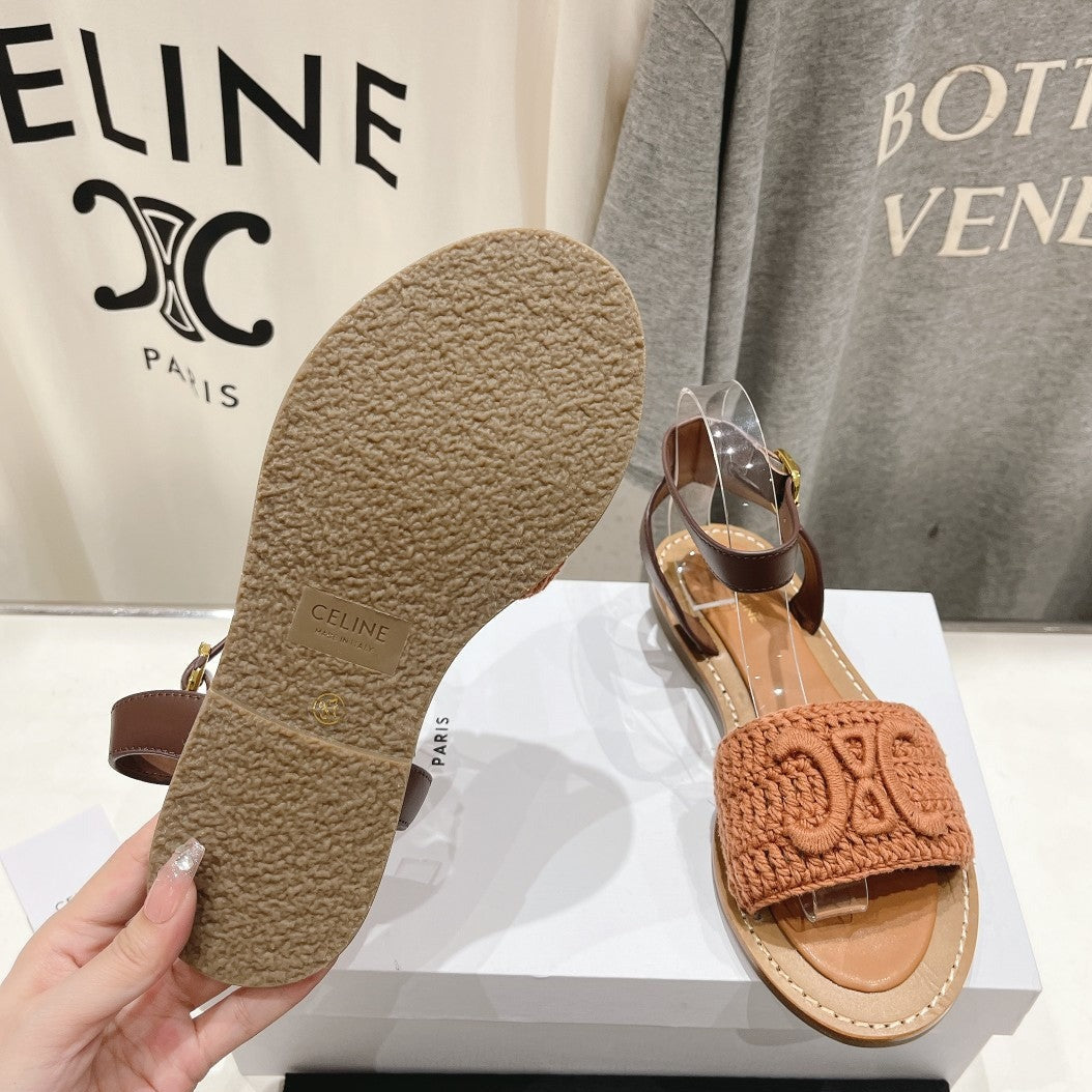 LYMPIA SANDAL IN TRIOMPHE MACCRAMÉ COTTON & CALFSKIN BROWN/DARK BROWN - 35
