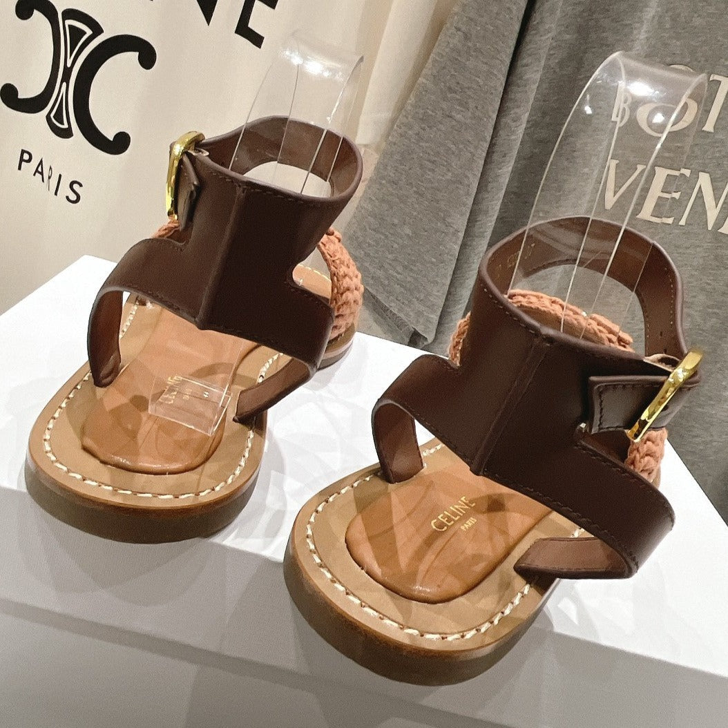 LYMPIA SANDAL IN TRIOMPHE MACCRAMÉ COTTON & CALFSKIN BROWN/DARK BROWN - 35
