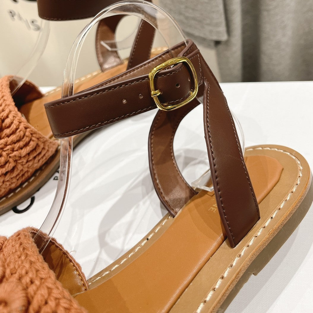 LYMPIA SANDAL IN TRIOMPHE MACCRAMÉ COTTON & CALFSKIN BROWN/DARK BROWN - 35
