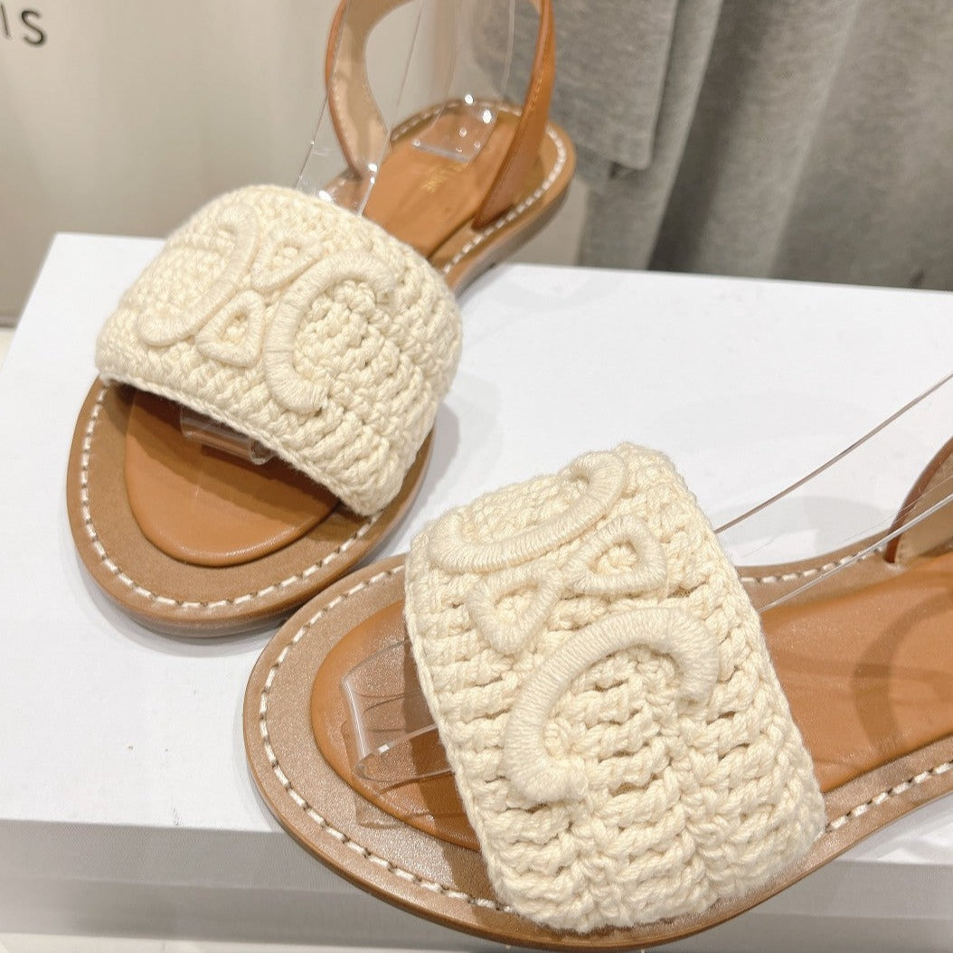 LYMPIA SANDAL IN TRIOMPHE MACCRAMÉ COTTON & CALFSKIN ECRU TAN - 35