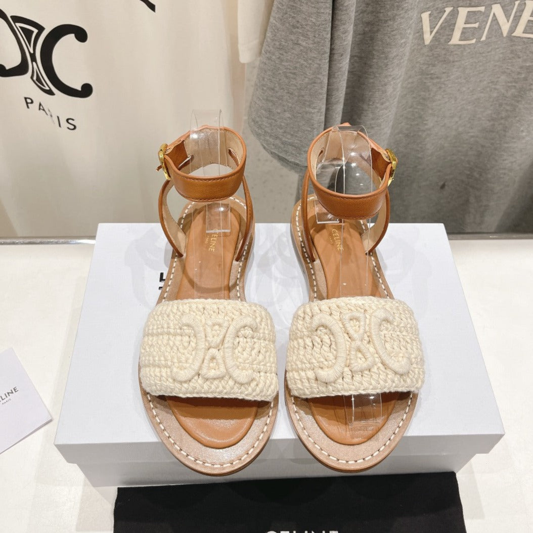 LYMPIA SANDAL IN TRIOMPHE MACCRAMÉ COTTON & CALFSKIN ECRU TAN - 35