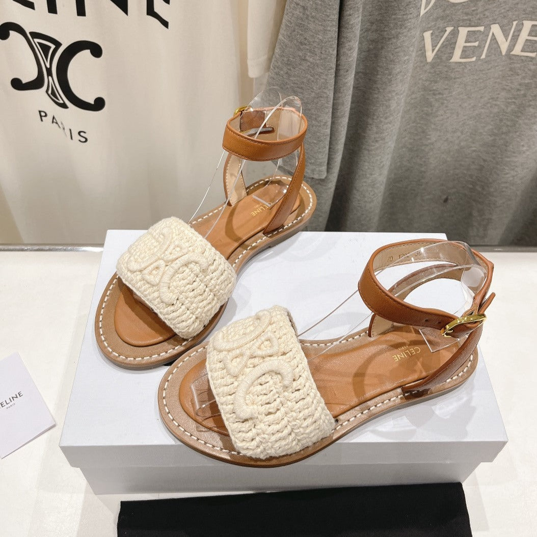 LYMPIA SANDAL IN TRIOMPHE MACCRAMÉ COTTON & CALFSKIN ECRU TAN - 35