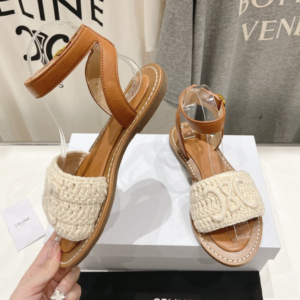 LYMPIA SANDAL IN TRIOMPHE MACCRAMÉ COTTON & CALFSKIN ECRU TAN - 35