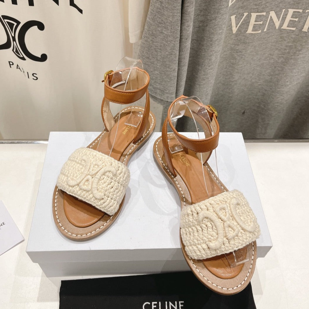 LYMPIA SANDAL IN TRIOMPHE MACCRAMÉ COTTON & CALFSKIN ECRU TAN - 35