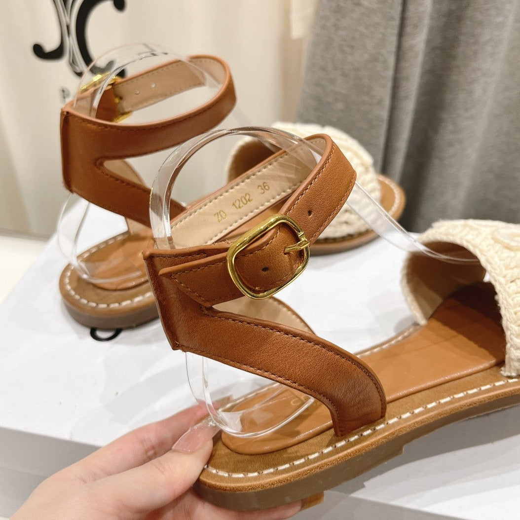 LYMPIA SANDAL IN TRIOMPHE MACCRAMÉ COTTON & CALFSKIN ECRU TAN - 35