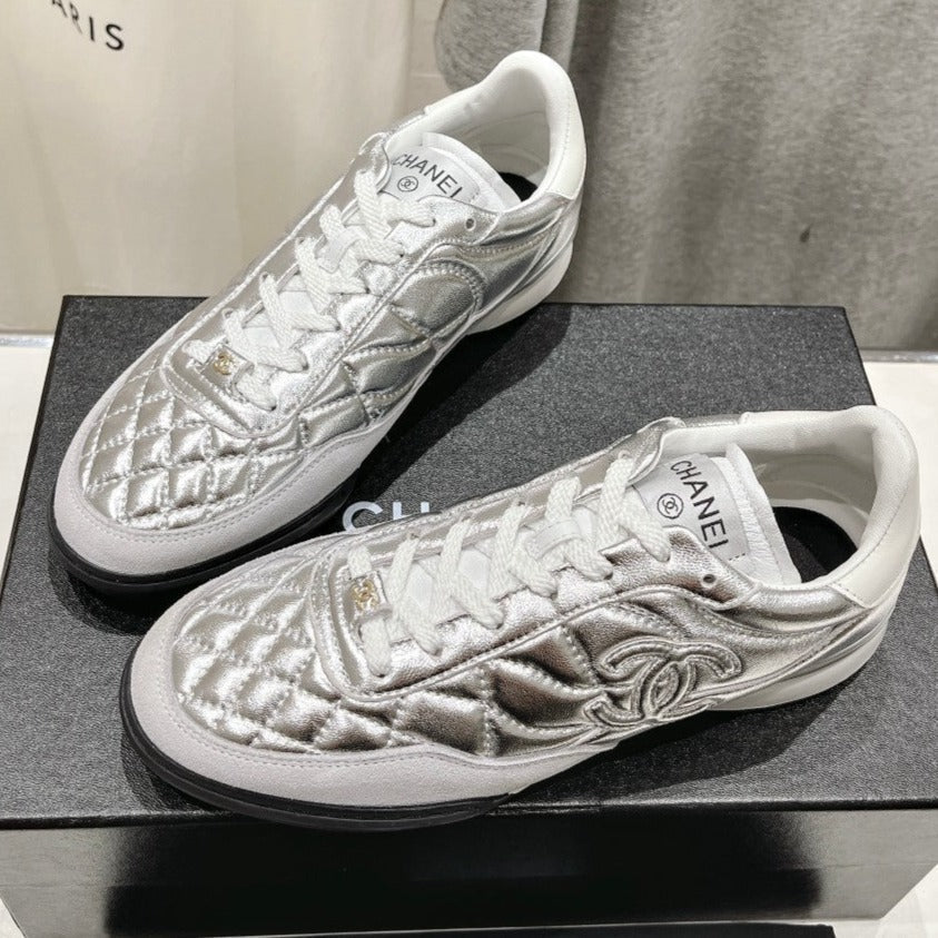 Double C  New Quilted Panda Shoes Silver Sheepskin - 35
