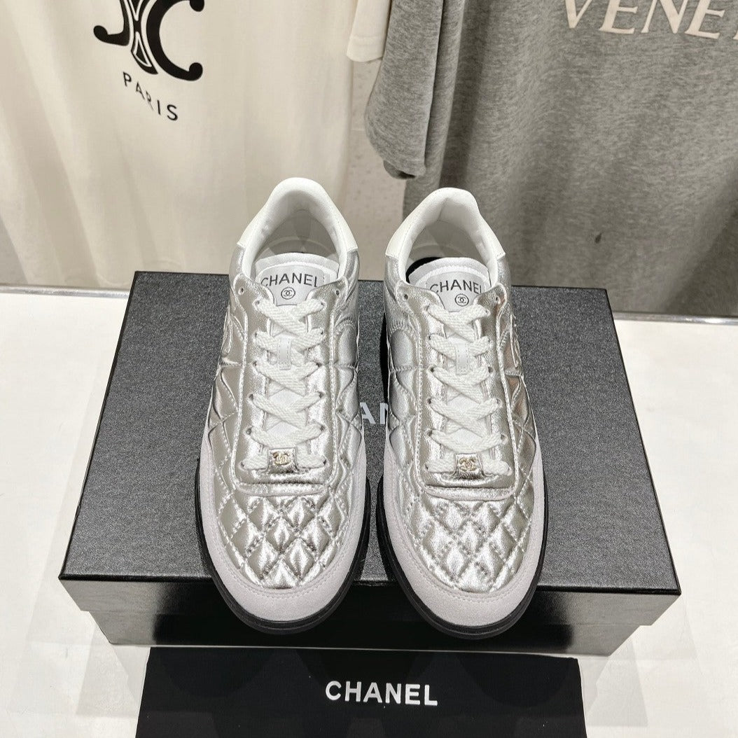 Double C  New Quilted Panda Shoes Silver Sheepskin - 35