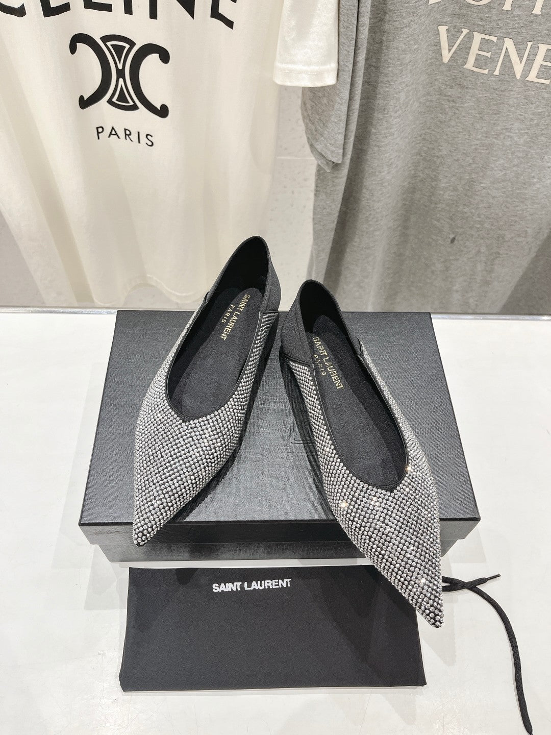SL NOUR LEOPARD POINT TOE BALLET BLACK CRYSTAL SATIN - 35