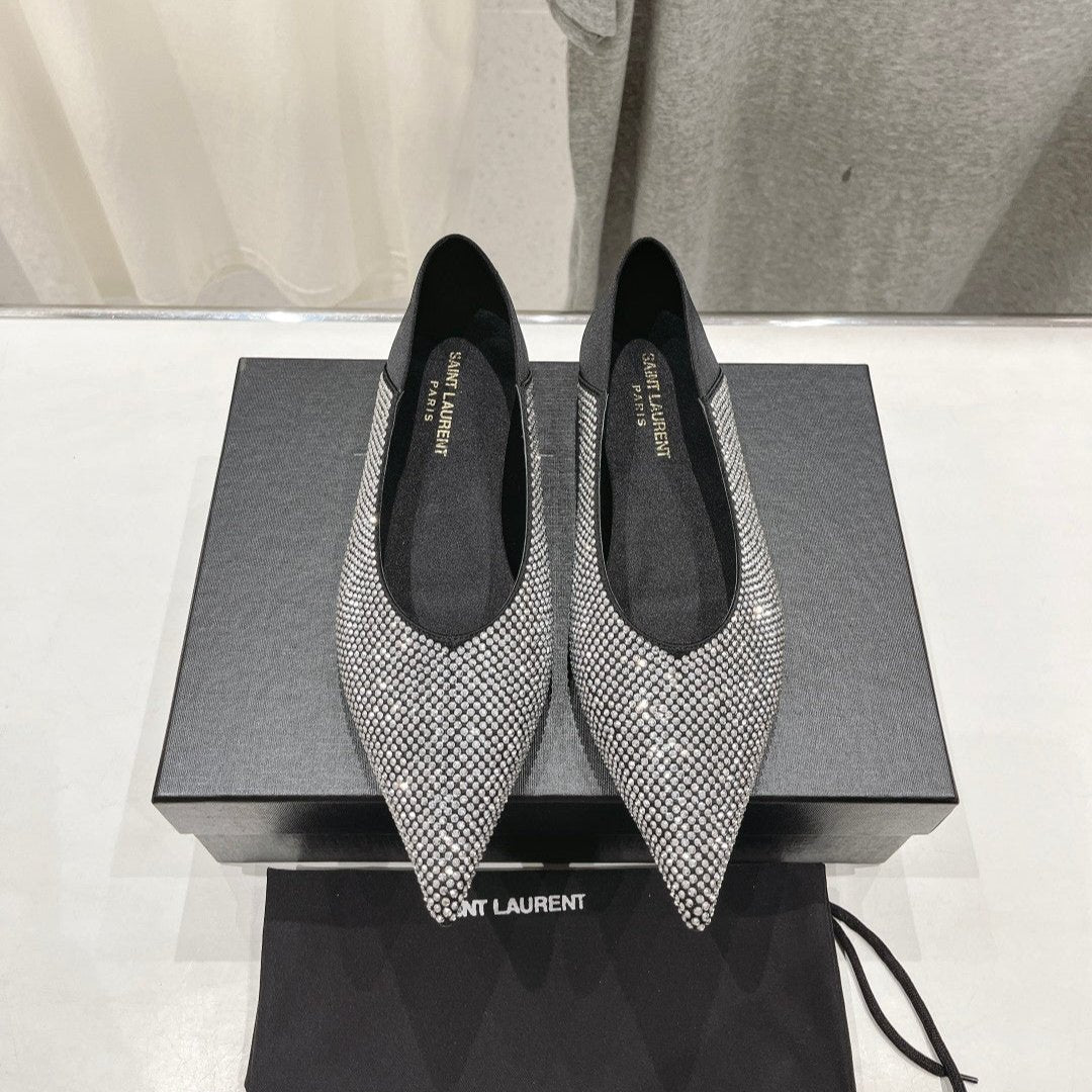 SL NOUR LEOPARD POINT TOE BALLET BLACK CRYSTAL SATIN - 35