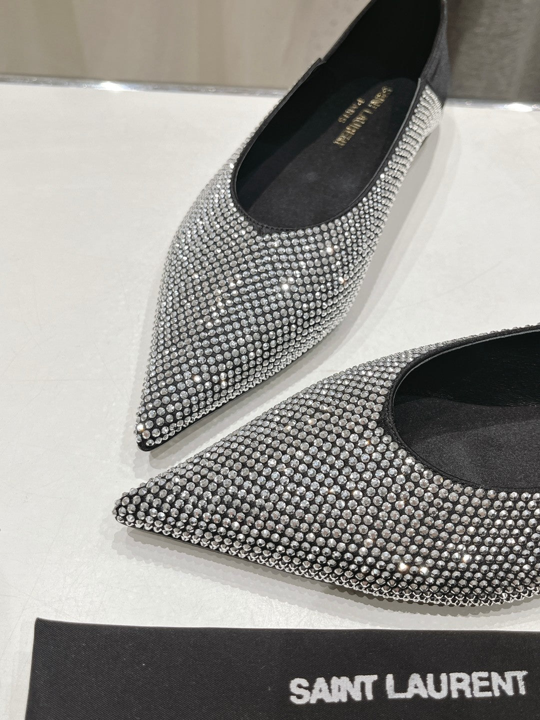 SL NOUR LEOPARD POINT TOE BALLET BLACK CRYSTAL SATIN - 35