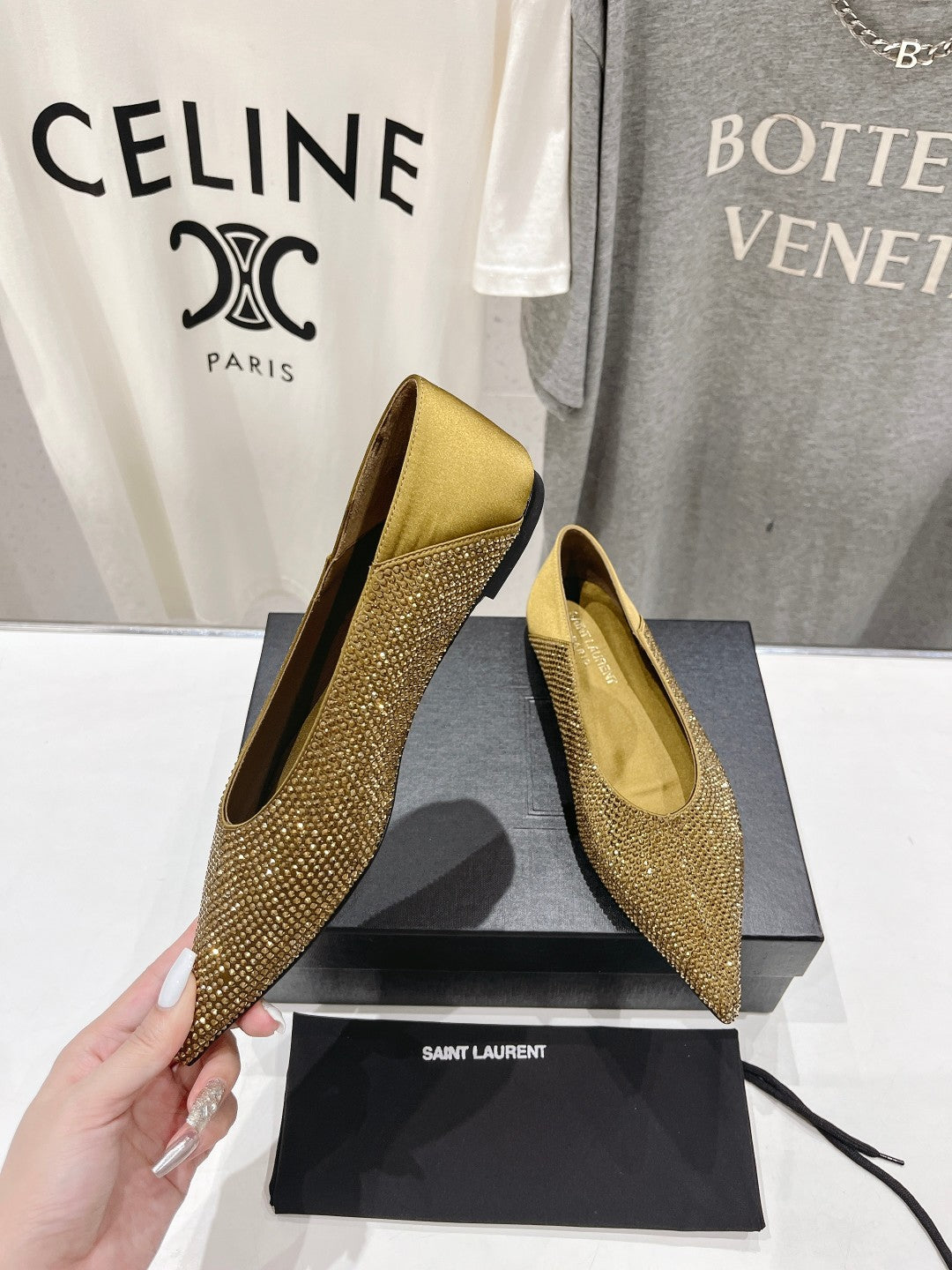 SL NOUR LEOPARD POINT TOE BALLET MUSTARD CRYSTAL SATIN - 35