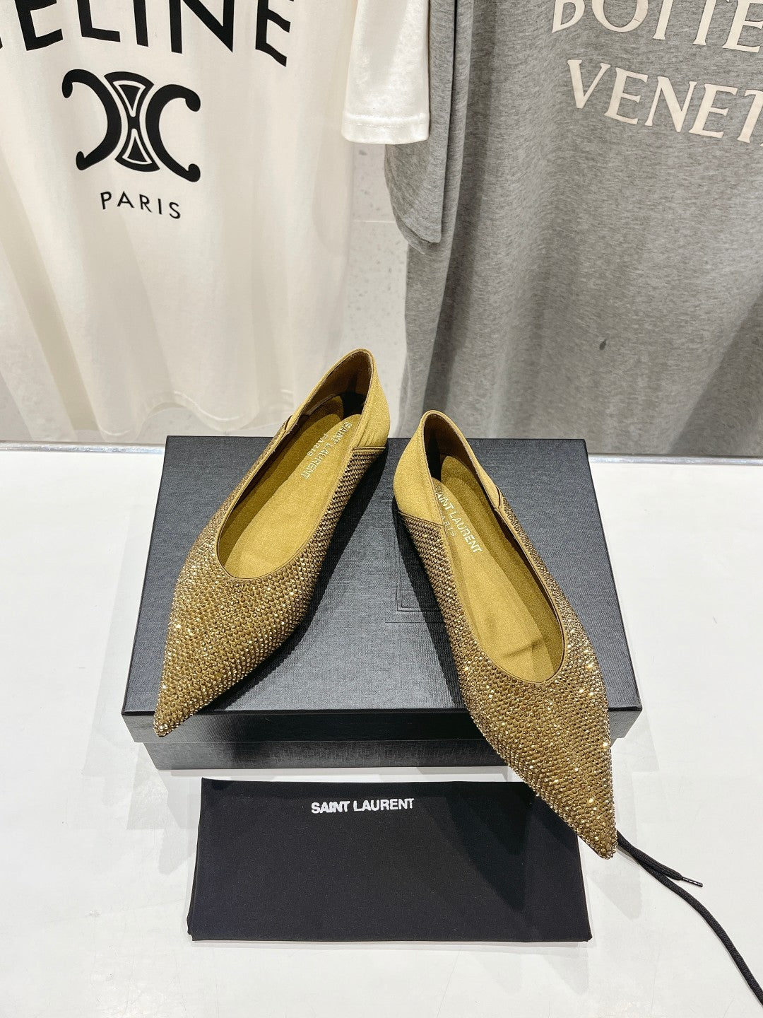 SL NOUR LEOPARD POINT TOE BALLET MUSTARD CRYSTAL SATIN - 35