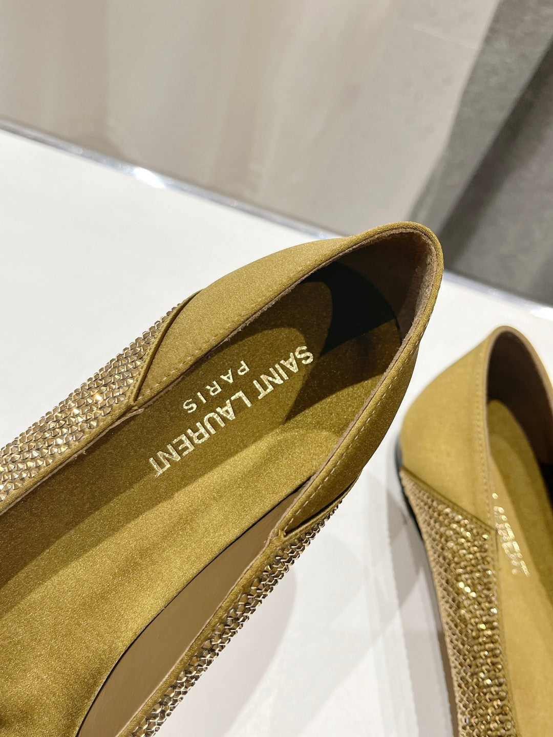 SL NOUR LEOPARD POINT TOE BALLET MUSTARD CRYSTAL SATIN - 35