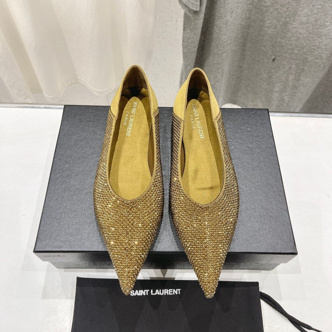SL NOUR LEOPARD POINT TOE BALLET MUSTARD CRYSTAL SATIN - 35