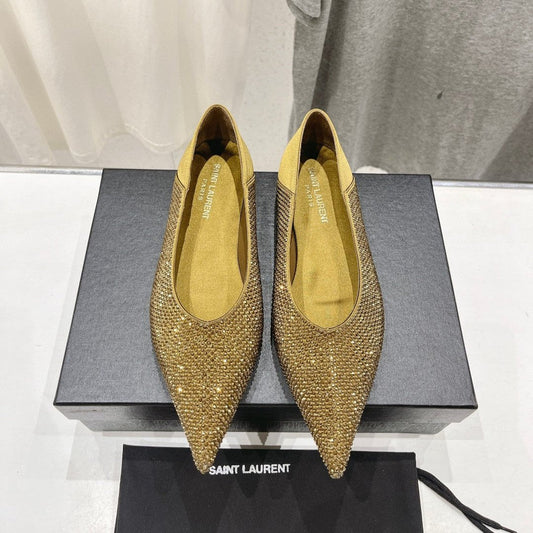SL NOUR LEOPARD POINT TOE BALLET MUSTARD CRYSTAL SATIN - 35
