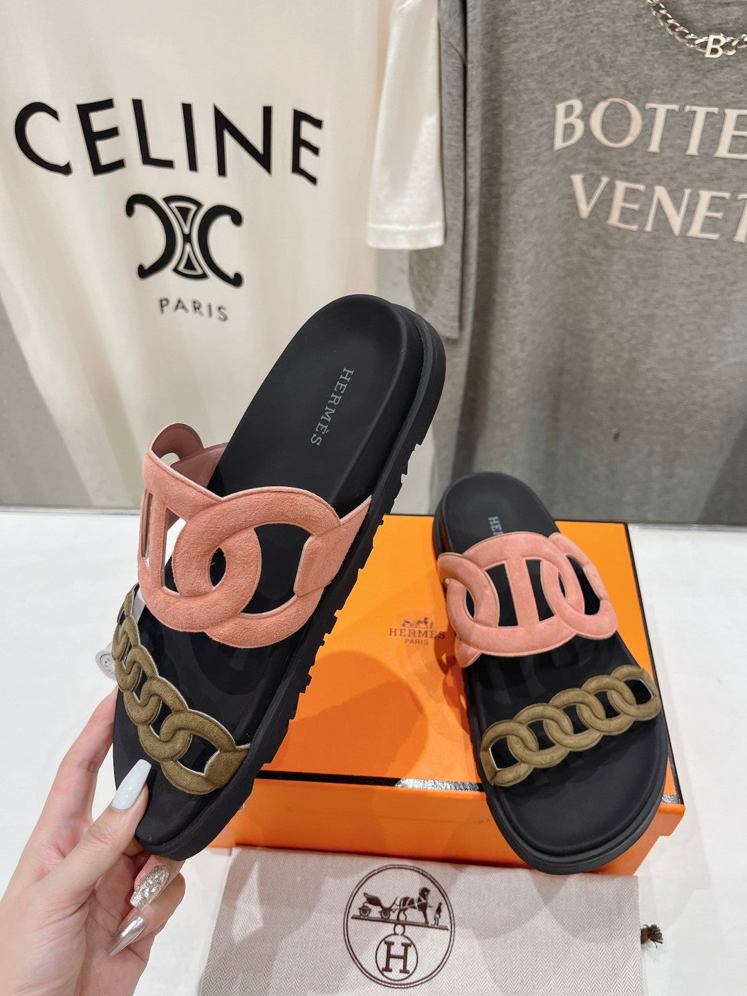 EXTRA SANDAL BLACK MIX PEACH MIX MOSS CALFSKIN - 35