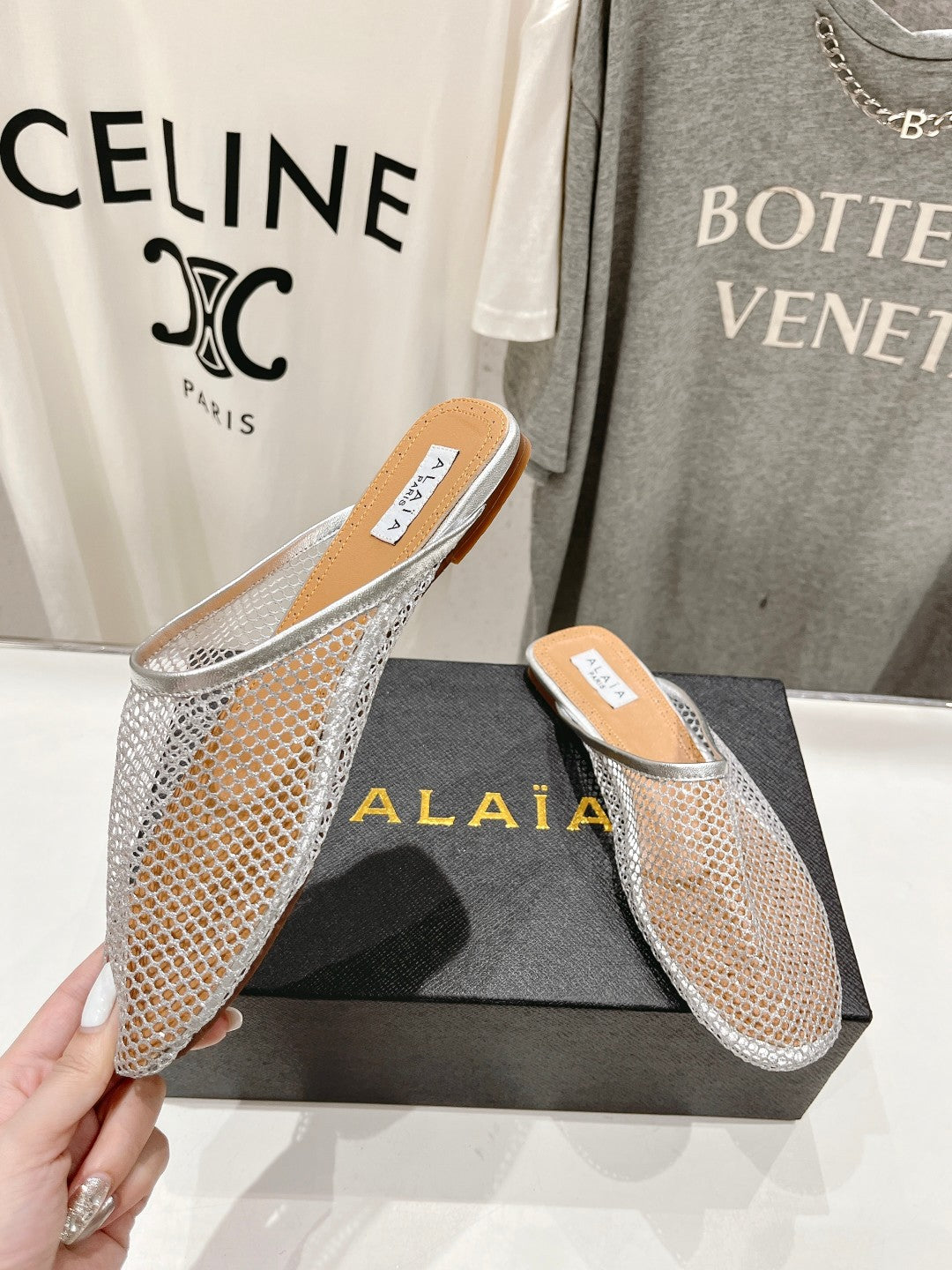 ALAIA FLAT MULES IN SILVER MESH FISHNET - 34