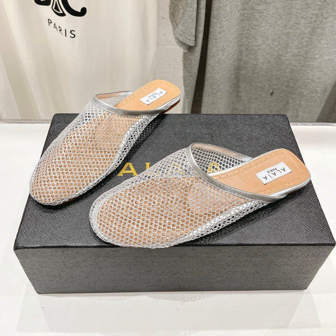 ALAIA FLAT MULES IN SILVER MESH FISHNET - 34