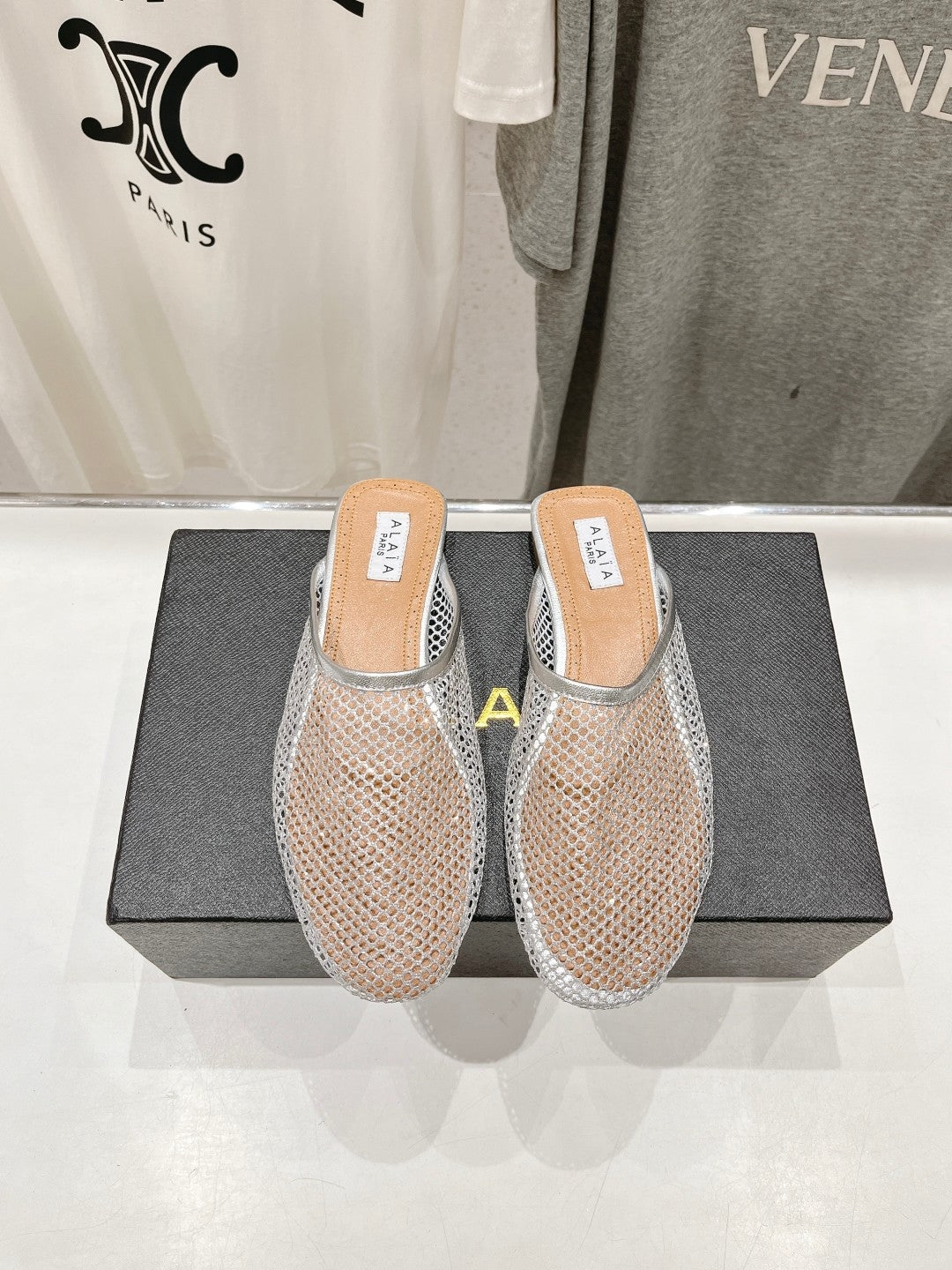 ALAIA FLAT MULES IN SILVER MESH FISHNET - 34