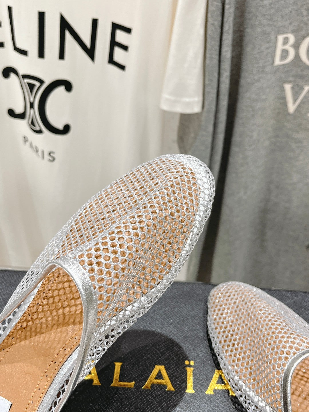 ALAIA FLAT MULES IN SILVER MESH FISHNET - 34