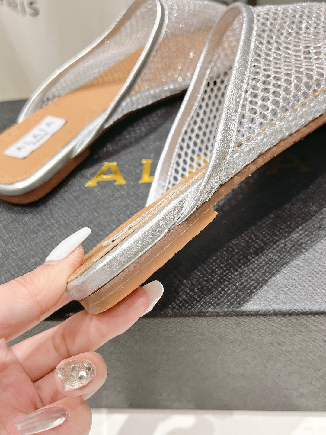 ALAIA FLAT MULES IN SILVER MESH FISHNET - 34