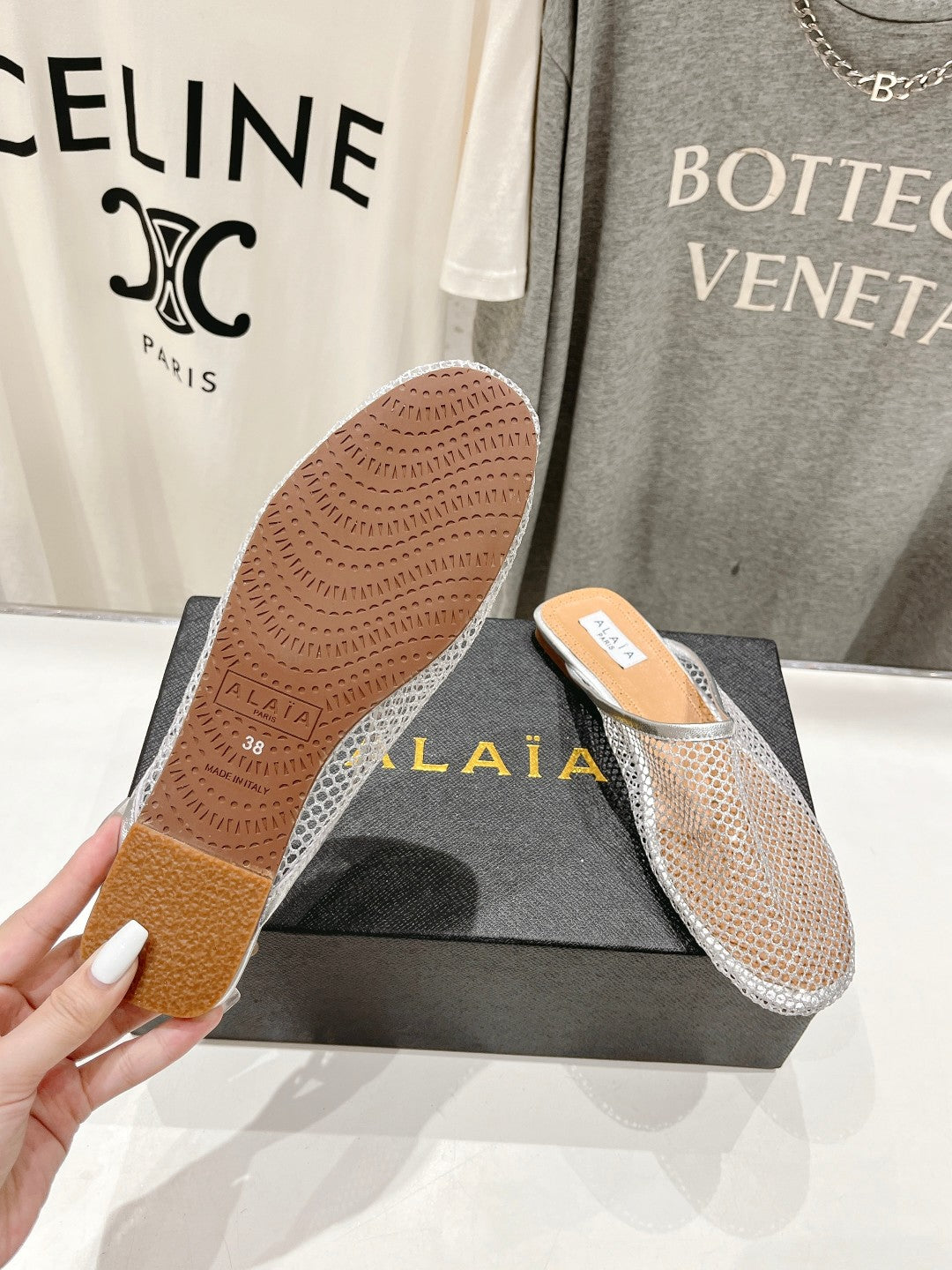 ALAIA FLAT MULES IN SILVER MESH FISHNET - 34