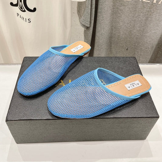 ALAIA FLAT MULES IN CERULEAN BLUE MESH FISHNET - 34