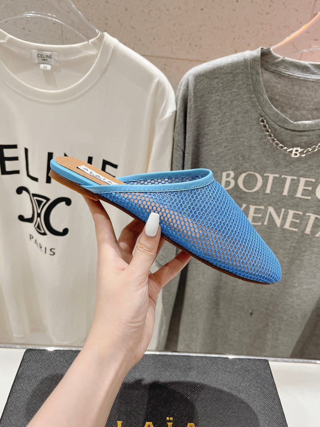 ALAIA FLAT MULES IN CERULEAN BLUE MESH FISHNET - 34
