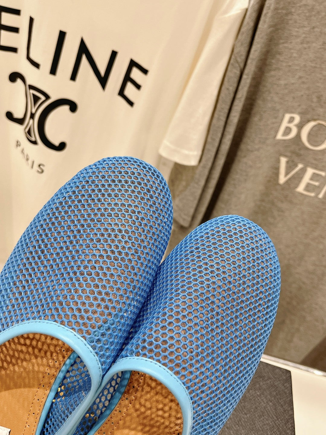 ALAIA FLAT MULES IN CERULEAN BLUE MESH FISHNET - 34