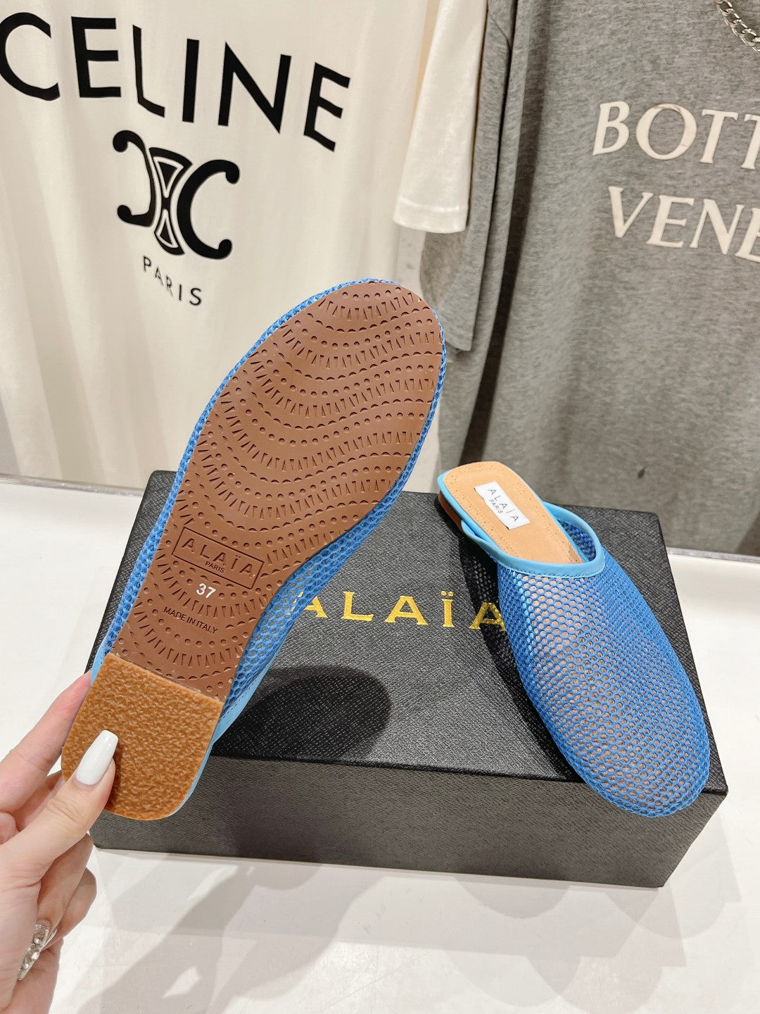 ALAIA FLAT MULES IN CERULEAN BLUE MESH FISHNET - 34