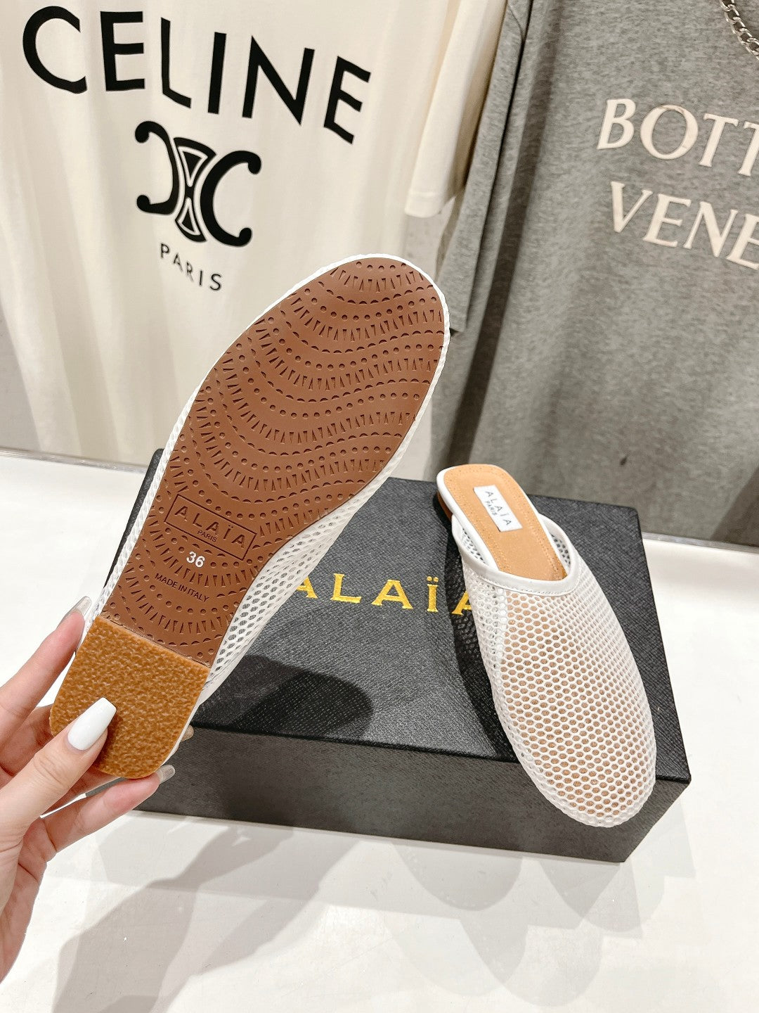 ALAIA FLAT MULES IN WHITE MESH FISHNET - 34