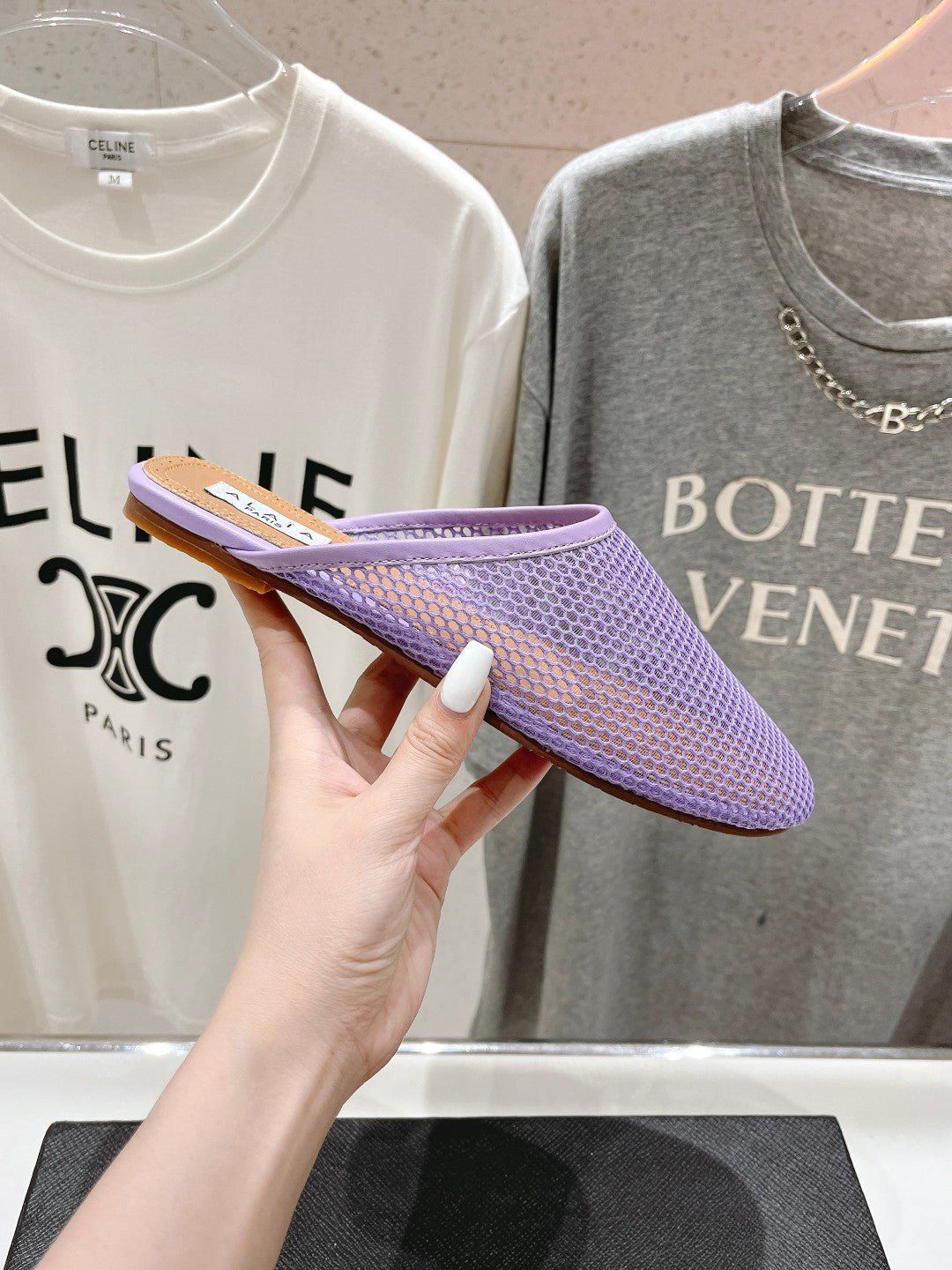 ALAIA FLAT MULES IN LIGHT PURPLE MESH FISHNET - 34