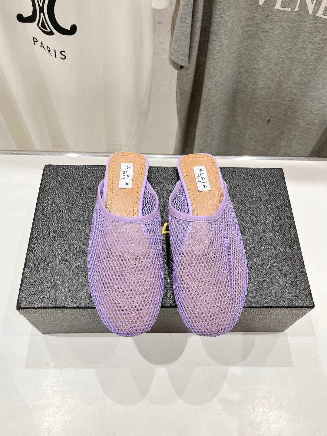 ALAIA FLAT MULES IN LIGHT PURPLE MESH FISHNET - 34