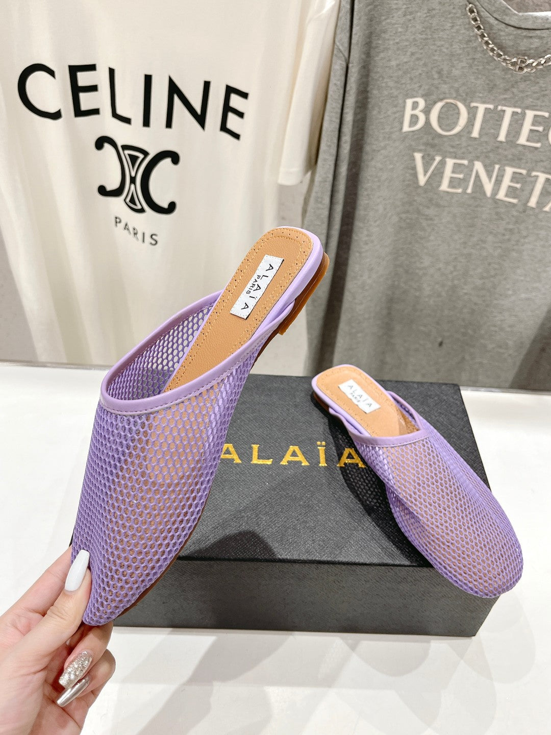 ALAIA FLAT MULES IN LIGHT PURPLE MESH FISHNET - 34