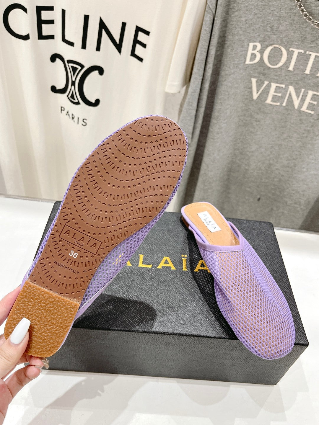 ALAIA FLAT MULES IN LIGHT PURPLE MESH FISHNET - 34