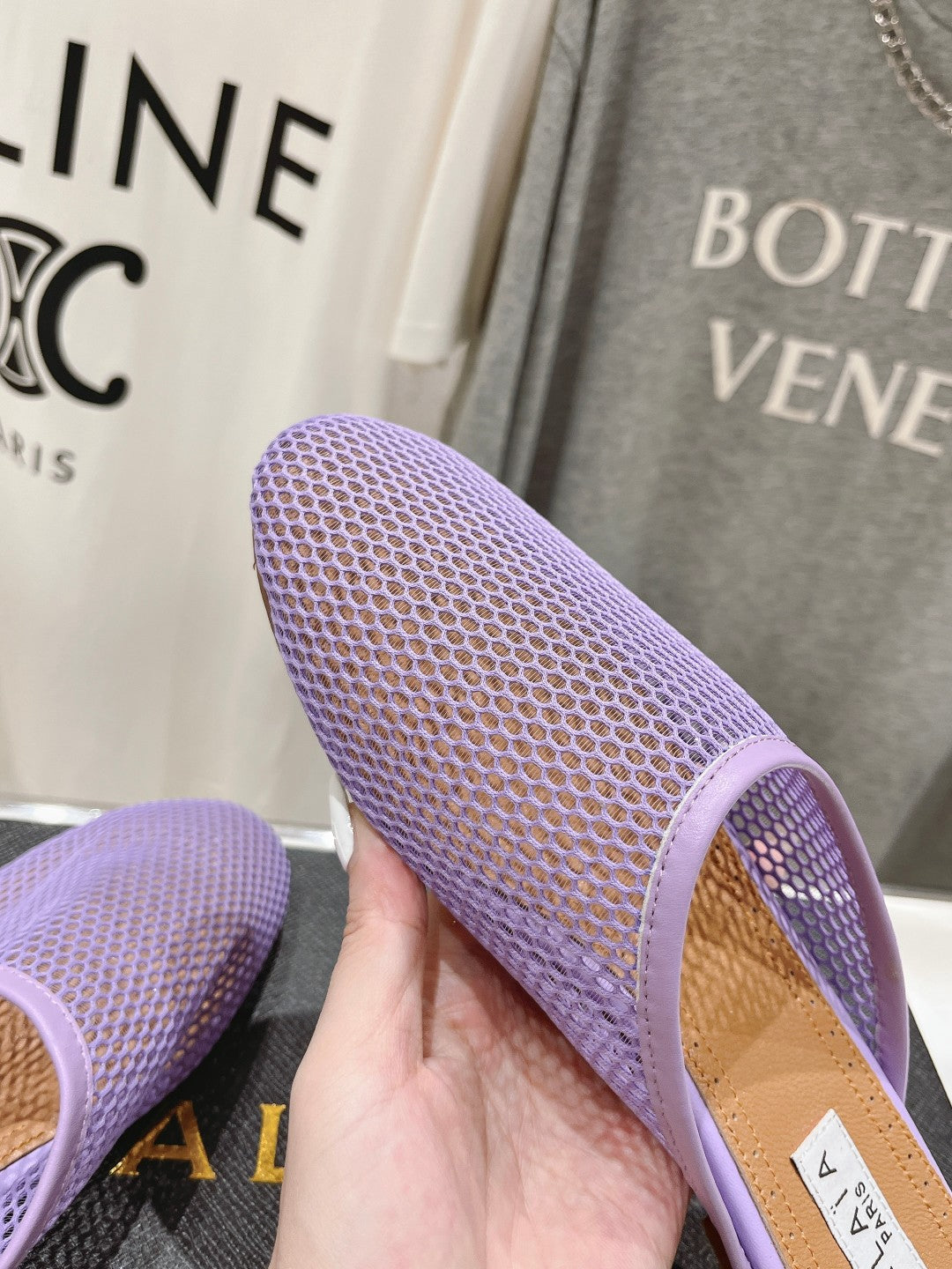 ALAIA FLAT MULES IN LIGHT PURPLE MESH FISHNET - 34