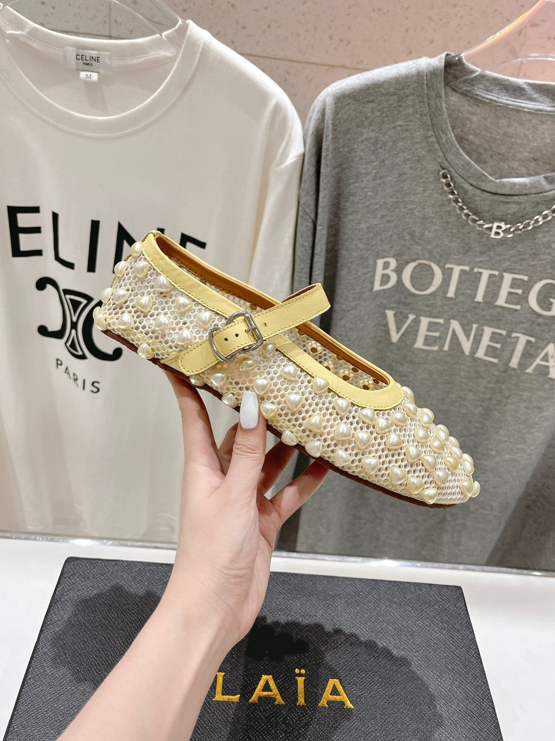 ALAIA PEARL MARY JANE SHOES IN LIGHT YELLOW MESH AND CALFSKIN - 35