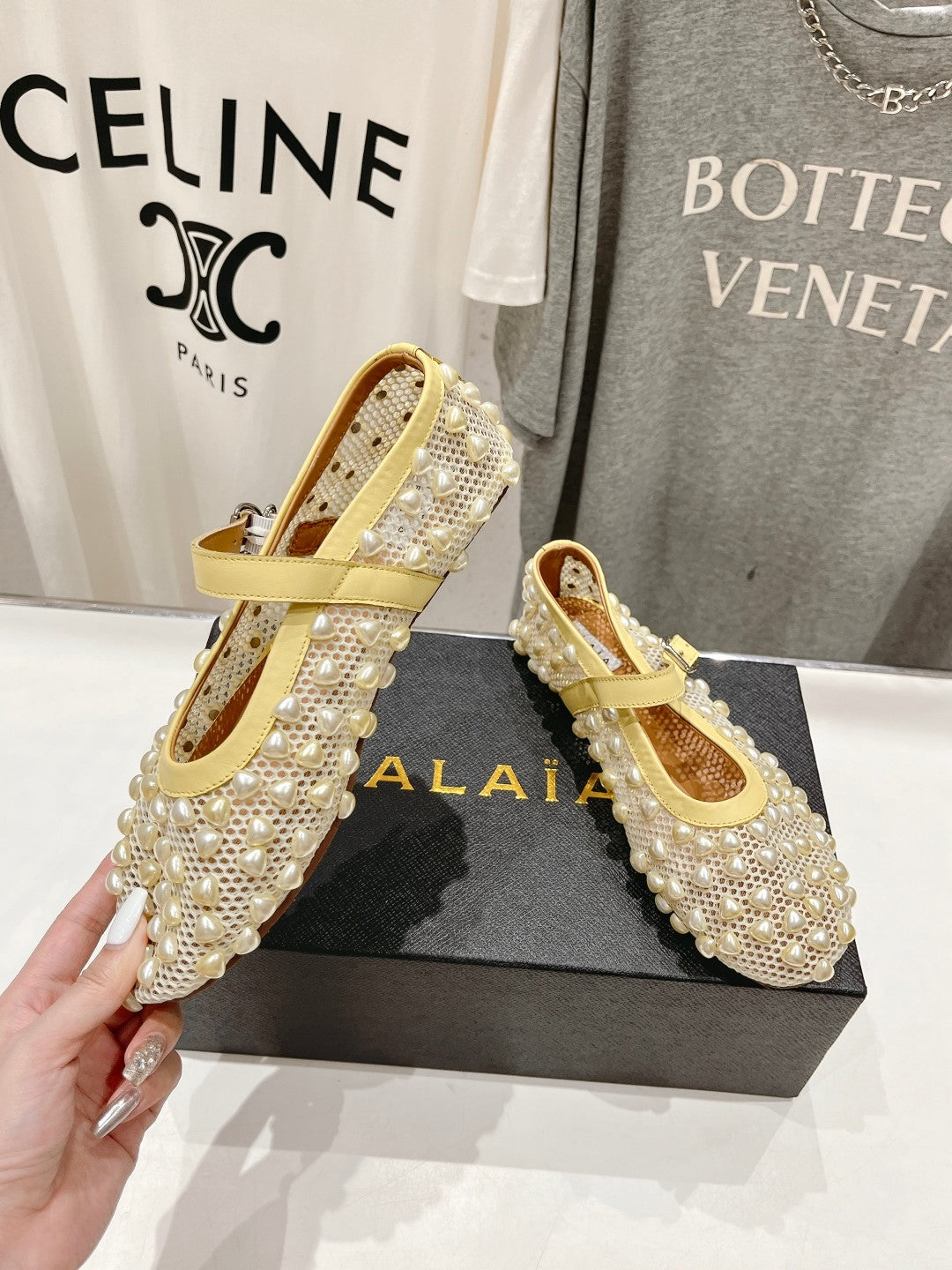 ALAIA PEARL MARY JANE SHOES IN LIGHT YELLOW MESH AND CALFSKIN - 35